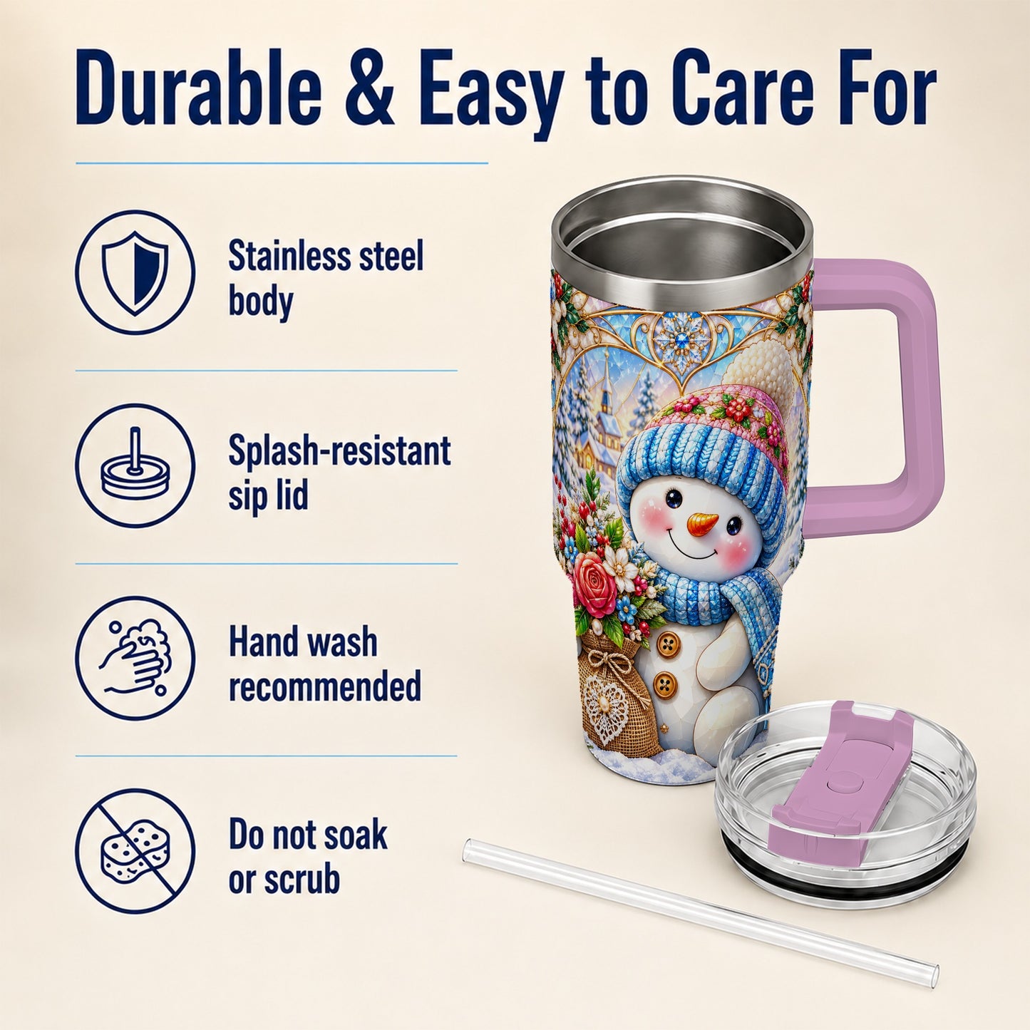 #pl[40oz|Pink] Floral Snowman 40oz Tumbler with Handle, Winter Stainless Steel Cup