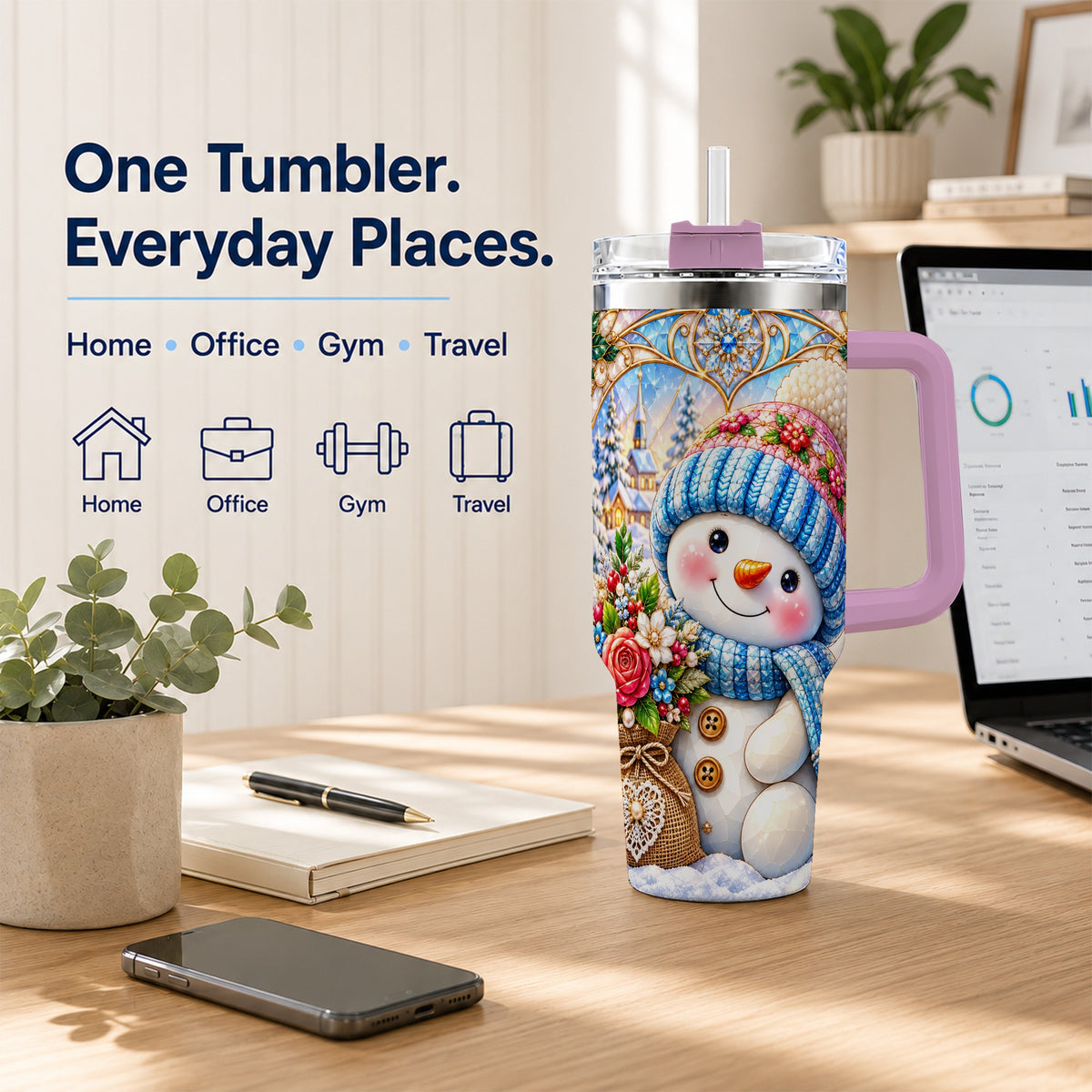 #pl[40oz|Pink] Floral Snowman 40oz Tumbler with Handle, Winter Stainless Steel Cup