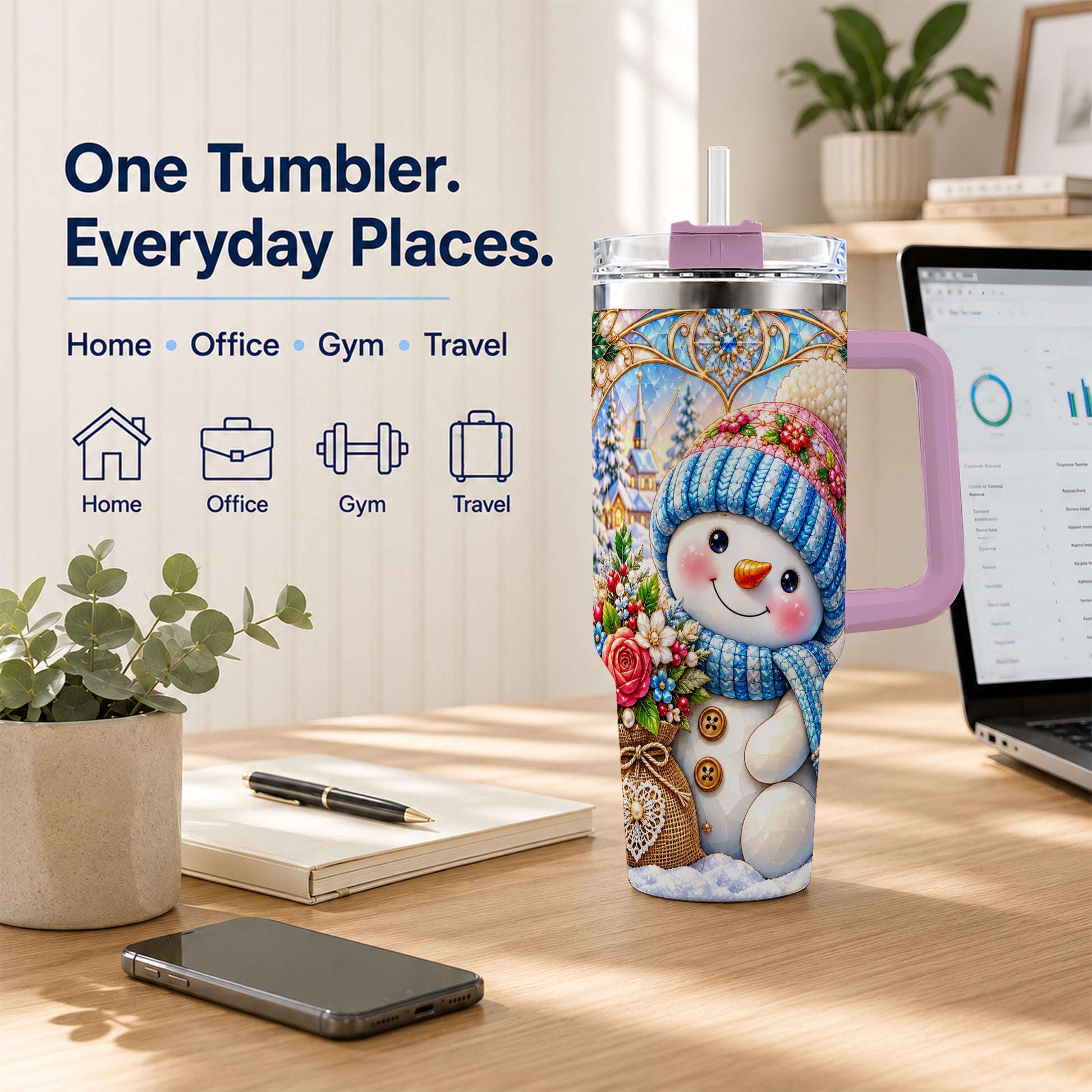 #pl[40oz|Pink] Floral Snowman 40oz Tumbler with Handle, Winter Stainless Steel Cup