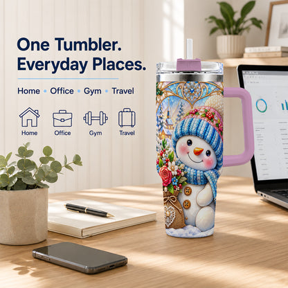 #pl[40oz|Pink] Floral Snowman 40oz Tumbler with Handle, Winter Stainless Steel Cup