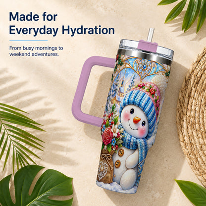 #pl[40oz|Pink] Floral Snowman 40oz Tumbler with Handle, Winter Stainless Steel Cup