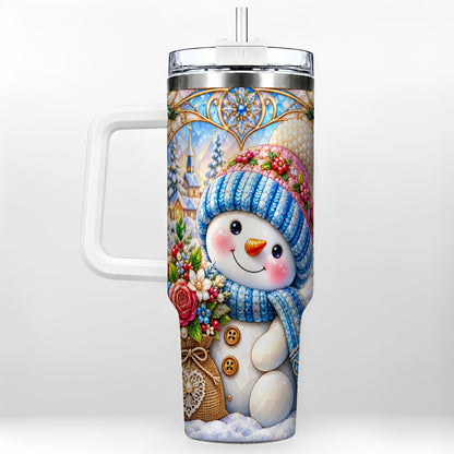 Floral Snowman 40oz Tumbler with Handle, Winter Stainless Steel Cup
