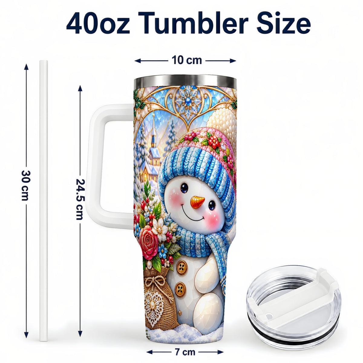 #pl[40oz|White] Floral Snowman 40oz Tumbler with Handle, Winter Stainless Steel Cup