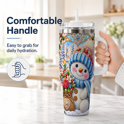 #pl[40oz|White] Floral Snowman 40oz Tumbler with Handle, Winter Stainless Steel Cup