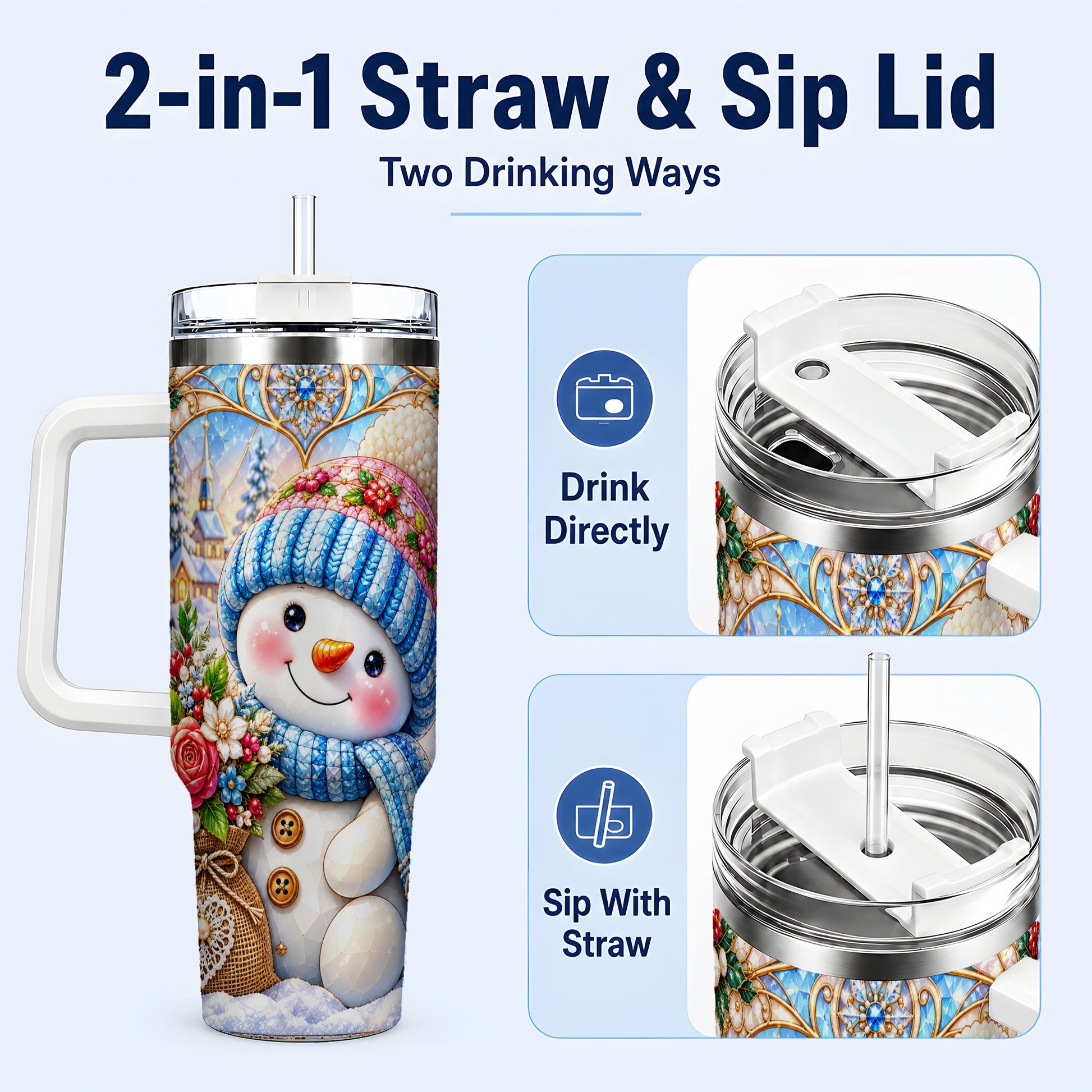 #pl[40oz|White] Floral Snowman 40oz Tumbler with Handle, Winter Stainless Steel Cup