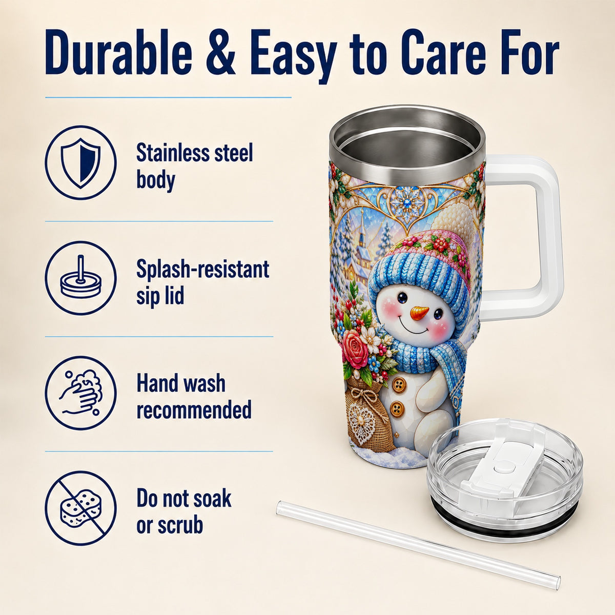 #pl[40oz|White] Floral Snowman 40oz Tumbler with Handle, Winter Stainless Steel Cup