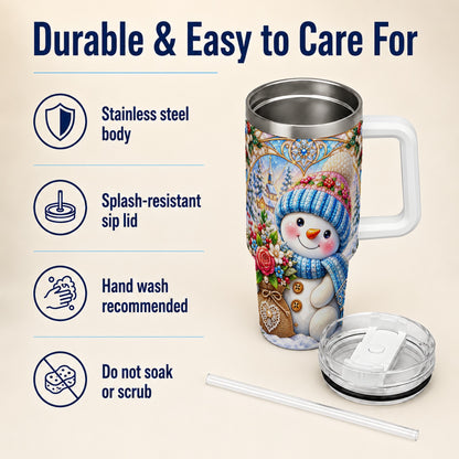 #pl[40oz|White] Floral Snowman 40oz Tumbler with Handle, Winter Stainless Steel Cup