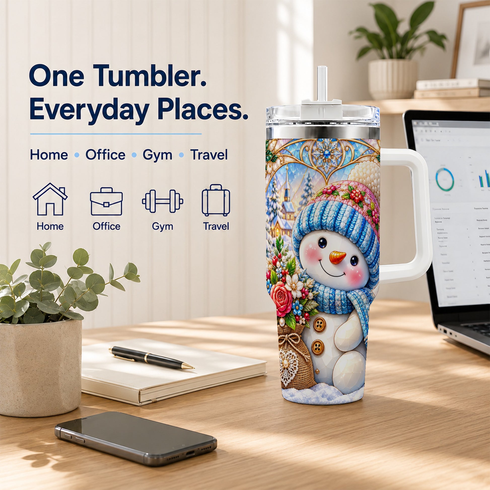 #pl[40oz|White] Floral Snowman 40oz Tumbler with Handle, Winter Stainless Steel Cup
