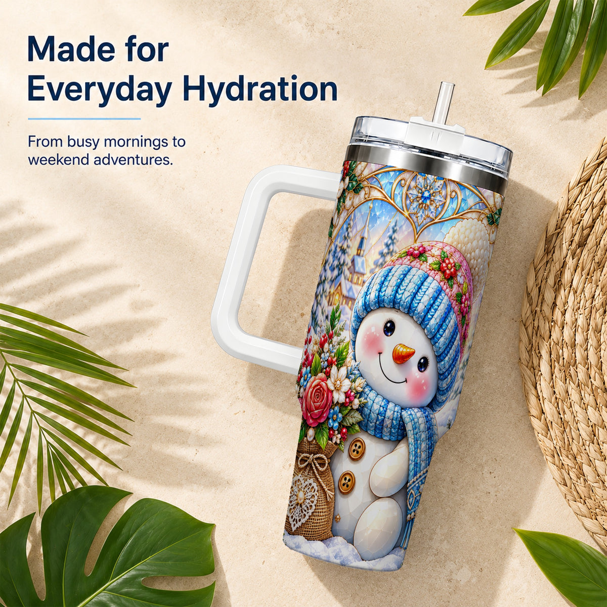 #pl[40oz|White] Floral Snowman 40oz Tumbler with Handle, Winter Stainless Steel Cup