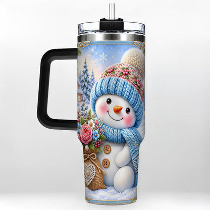 #pl[40oz|Black] Snowman Bouquet 40oz Tumbler with Handle, Winter Floral Travel Cup
