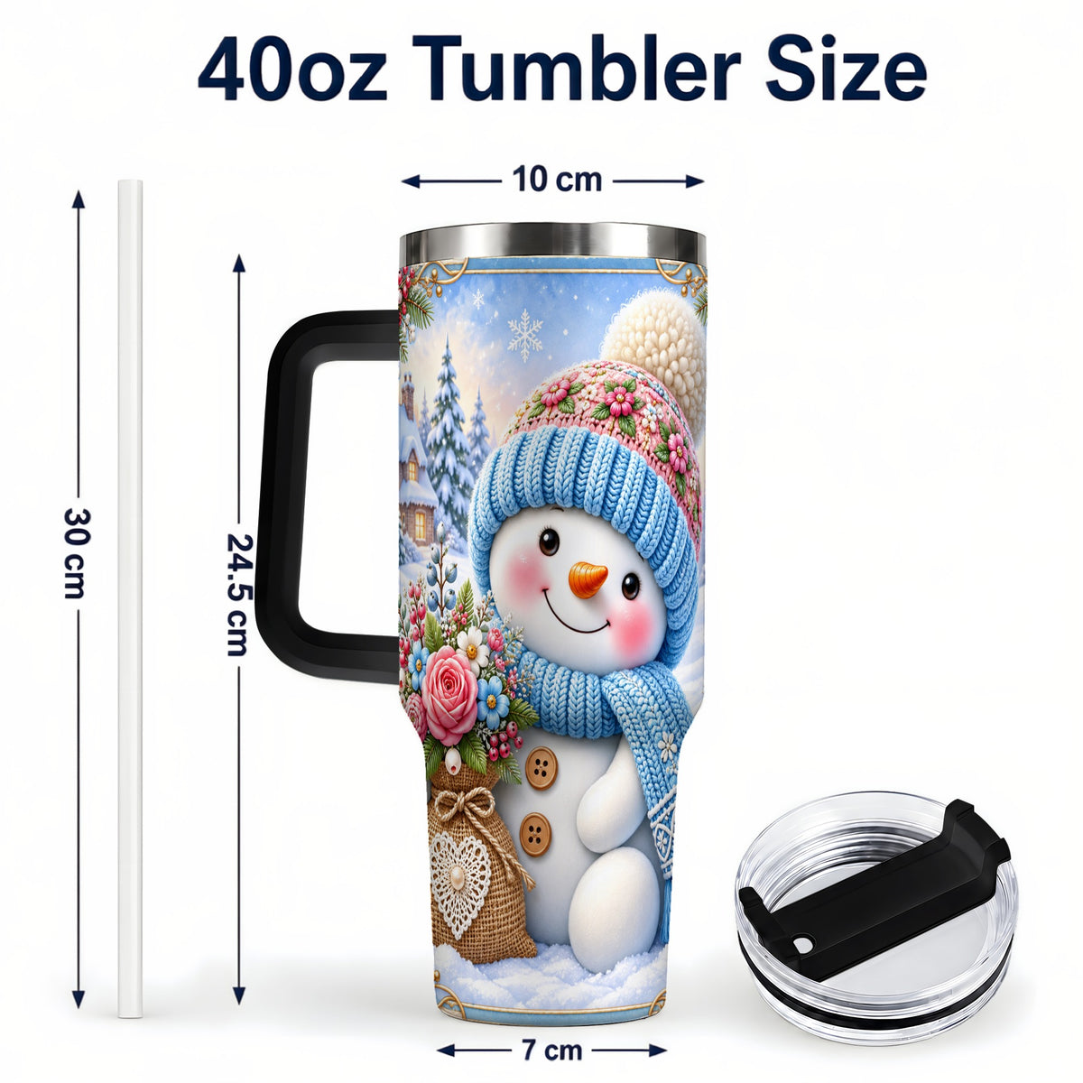 #pl[40oz|Black] Snowman Bouquet 40oz Tumbler with Handle, Winter Floral Travel Cup
