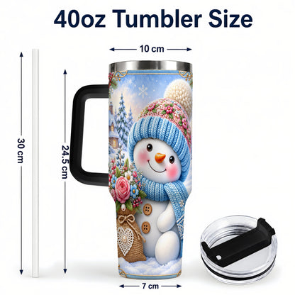 #pl[40oz|Black] Snowman Bouquet 40oz Tumbler with Handle, Winter Floral Travel Cup