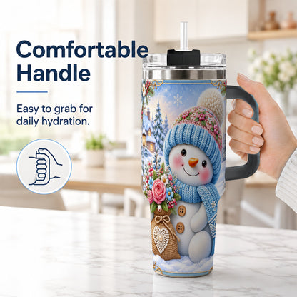 #pl[40oz|Black] Snowman Bouquet 40oz Tumbler with Handle, Winter Floral Travel Cup