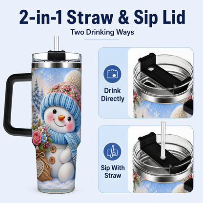 #pl[40oz|Black] Snowman Bouquet 40oz Tumbler with Handle, Winter Floral Travel Cup