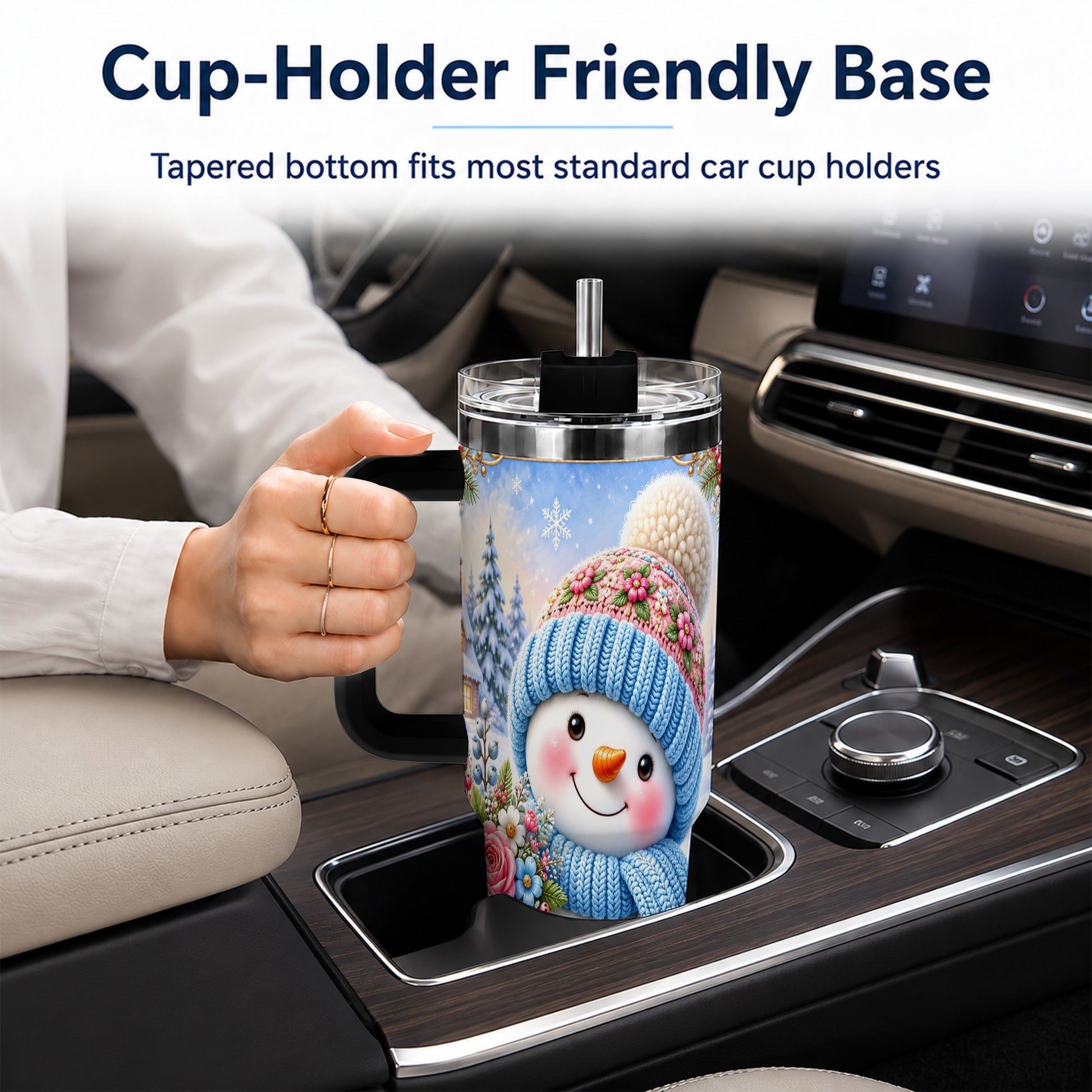 #pl[40oz|Black] Snowman Bouquet 40oz Tumbler with Handle, Winter Floral Travel Cup