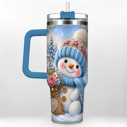 #pl[40oz|Blue] Snowman Bouquet 40oz Tumbler with Handle, Winter Floral Travel Cup