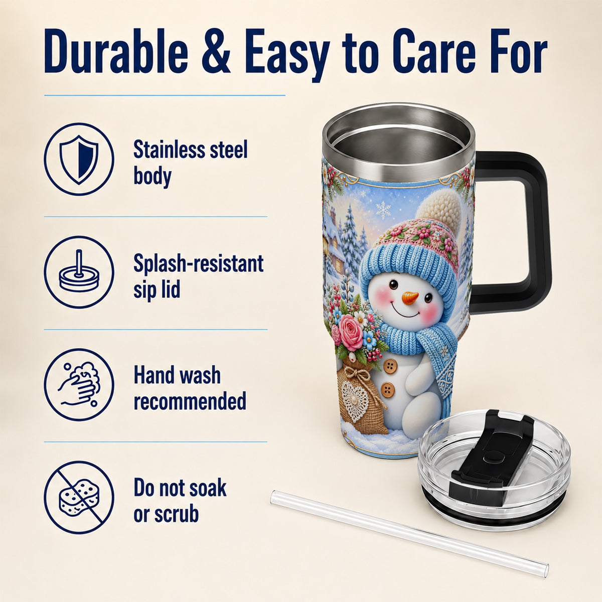 #pl[40oz|Black] Snowman Bouquet 40oz Tumbler with Handle, Winter Floral Travel Cup