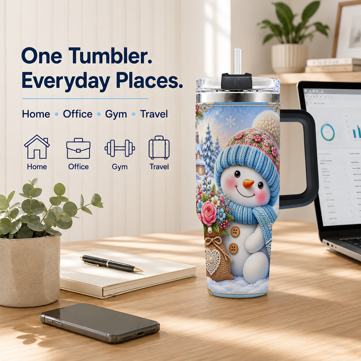 #pl[40oz|Black] Snowman Bouquet 40oz Tumbler with Handle, Winter Floral Travel Cup