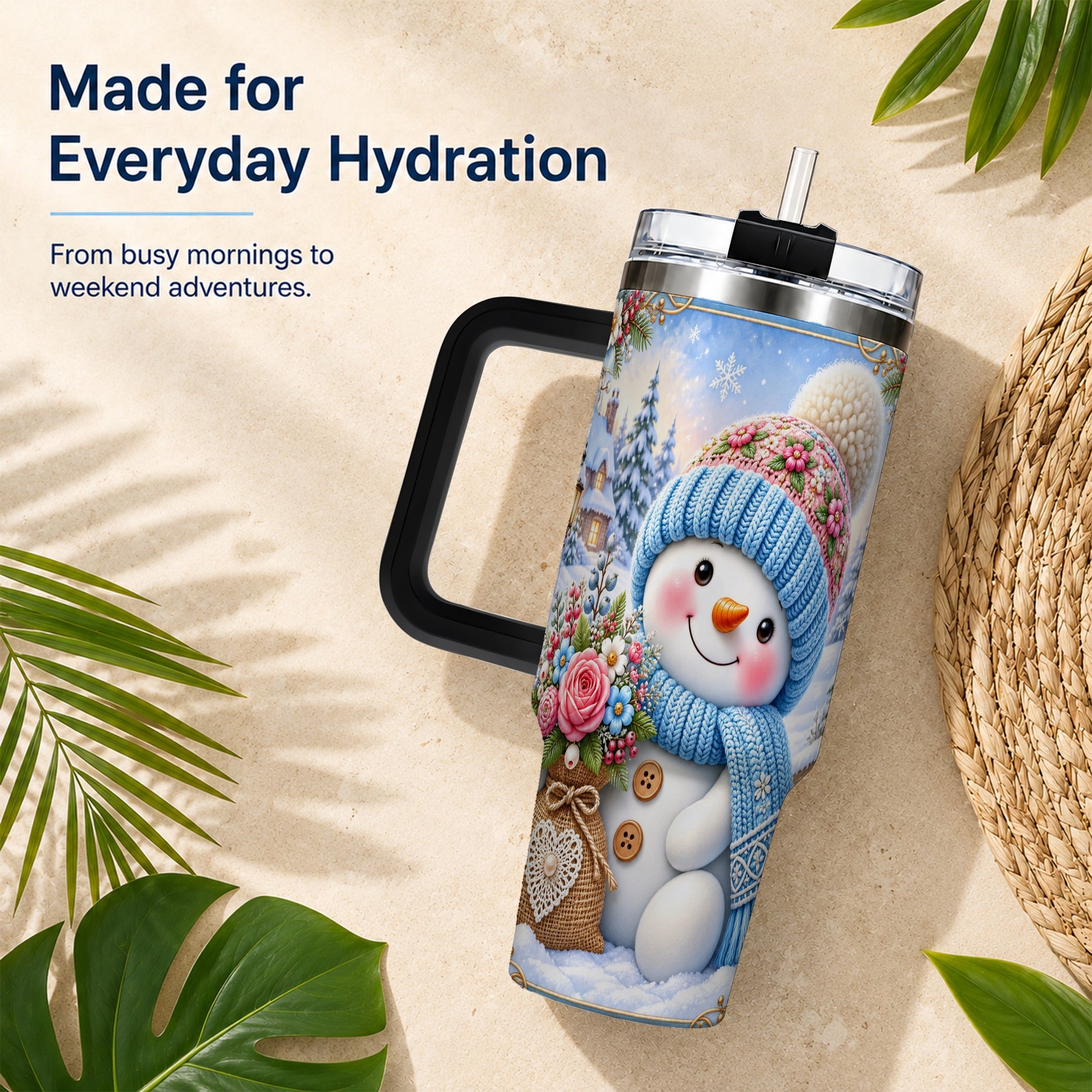 #pl[40oz|Black] Snowman Bouquet 40oz Tumbler with Handle, Winter Floral Travel Cup