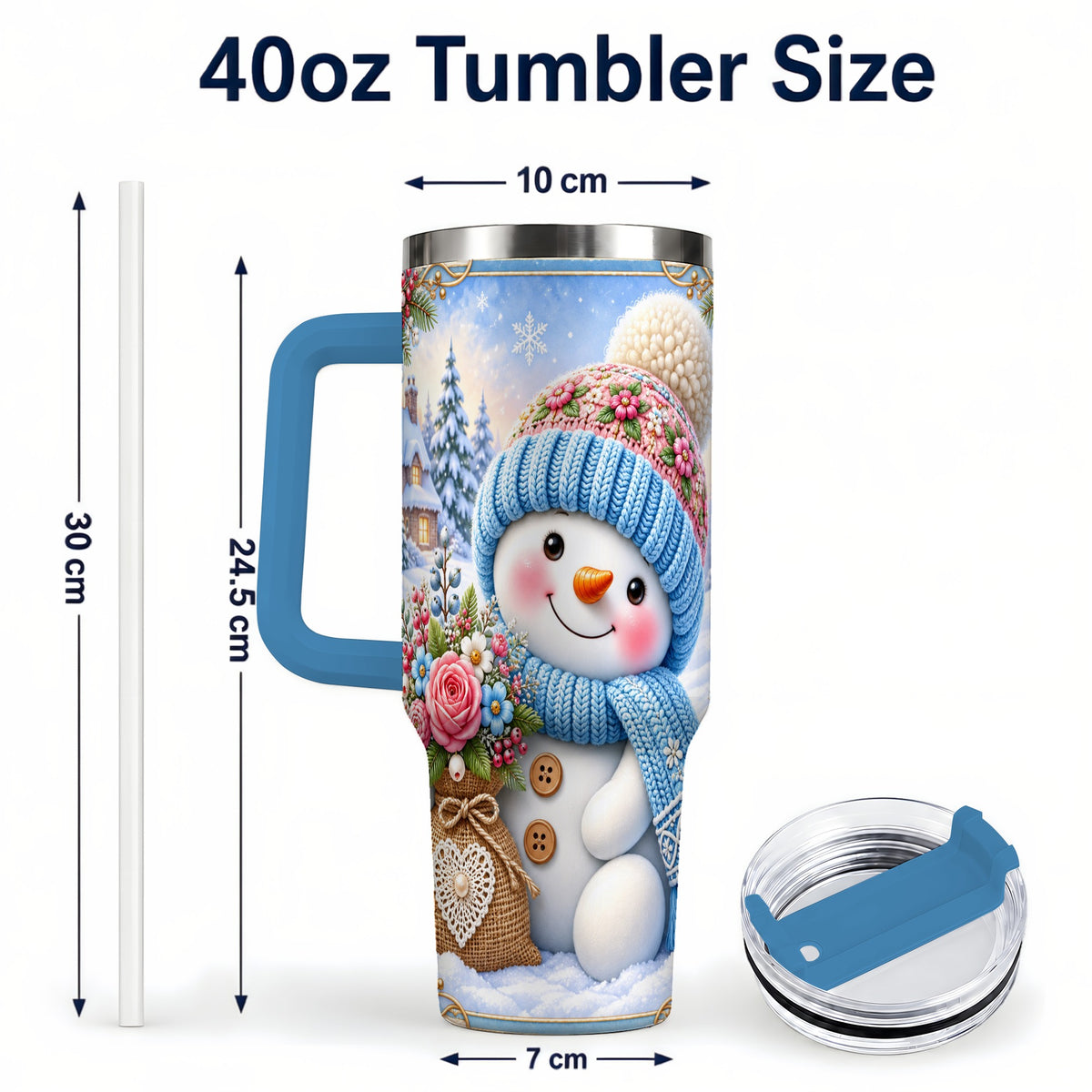 #pl[40oz|Blue] Snowman Bouquet 40oz Tumbler with Handle, Winter Floral Travel Cup