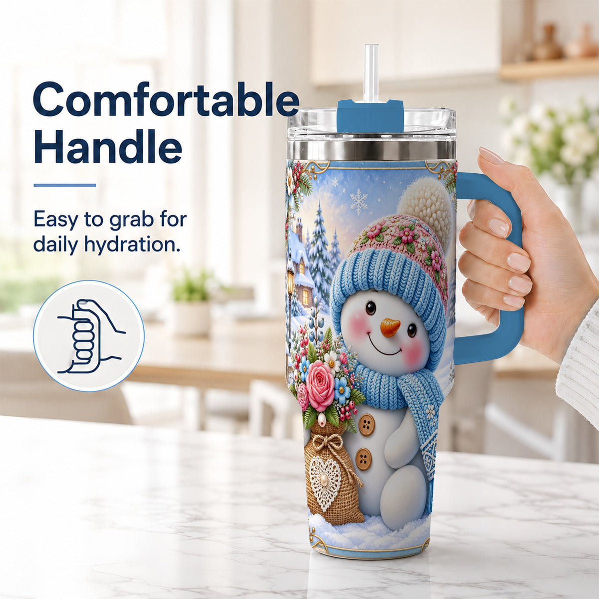 #pl[40oz|Blue] Snowman Bouquet 40oz Tumbler with Handle, Winter Floral Travel Cup