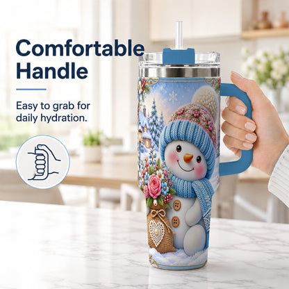 #pl[40oz|Blue] Snowman Bouquet 40oz Tumbler with Handle, Winter Floral Travel Cup