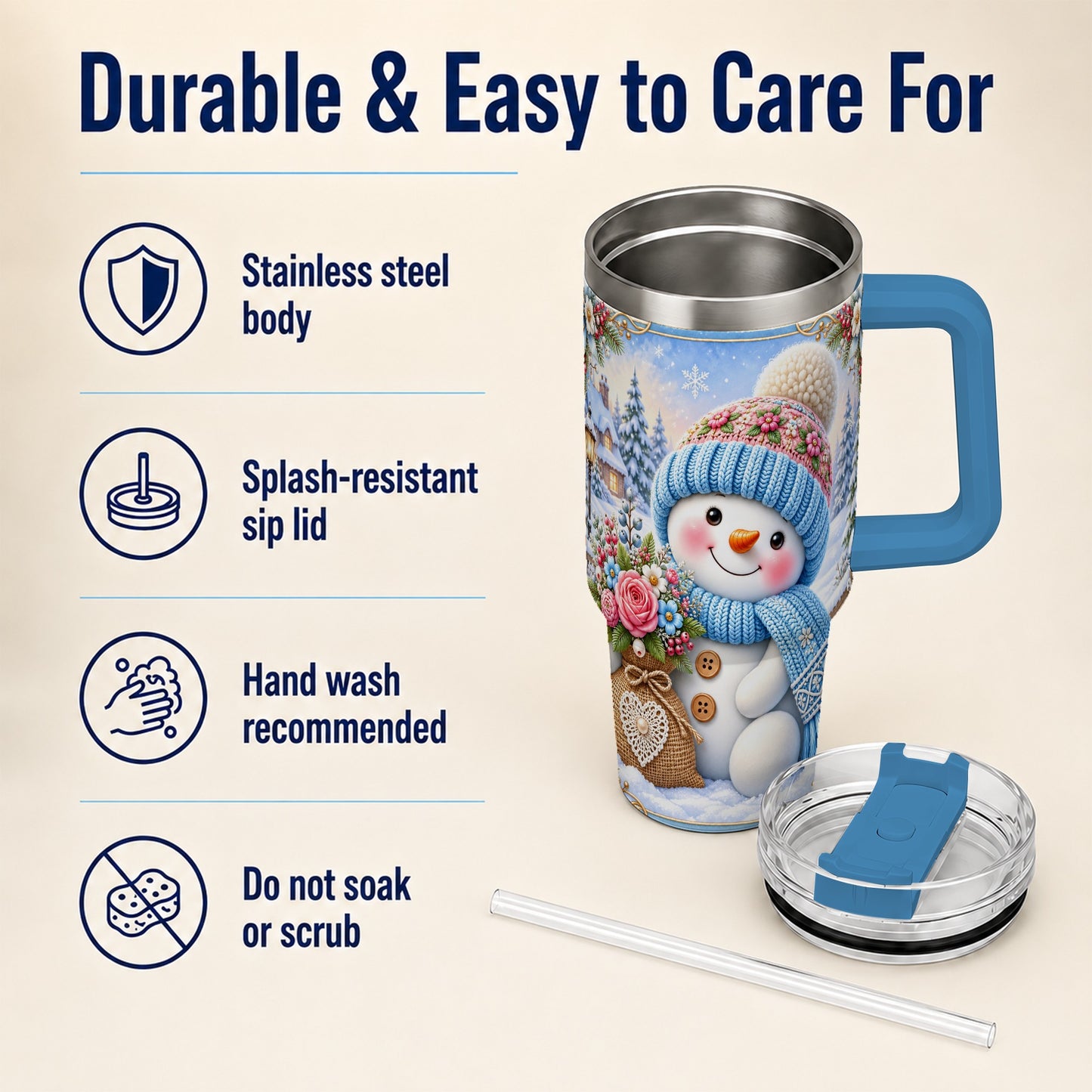 #pl[40oz|Blue] Snowman Bouquet 40oz Tumbler with Handle, Winter Floral Travel Cup