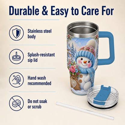 #pl[40oz|Blue] Snowman Bouquet 40oz Tumbler with Handle, Winter Floral Travel Cup