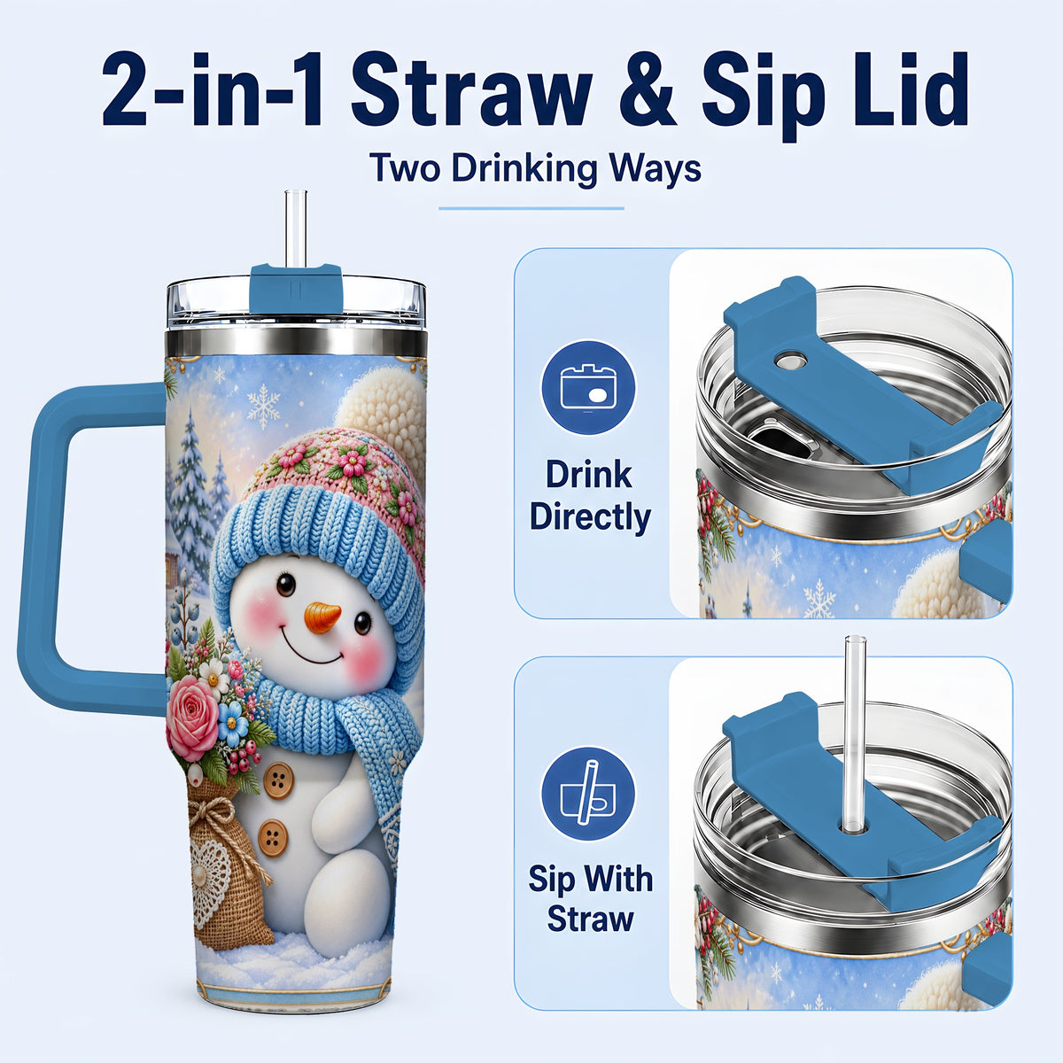 #pl[40oz|Blue] Snowman Bouquet 40oz Tumbler with Handle, Winter Floral Travel Cup