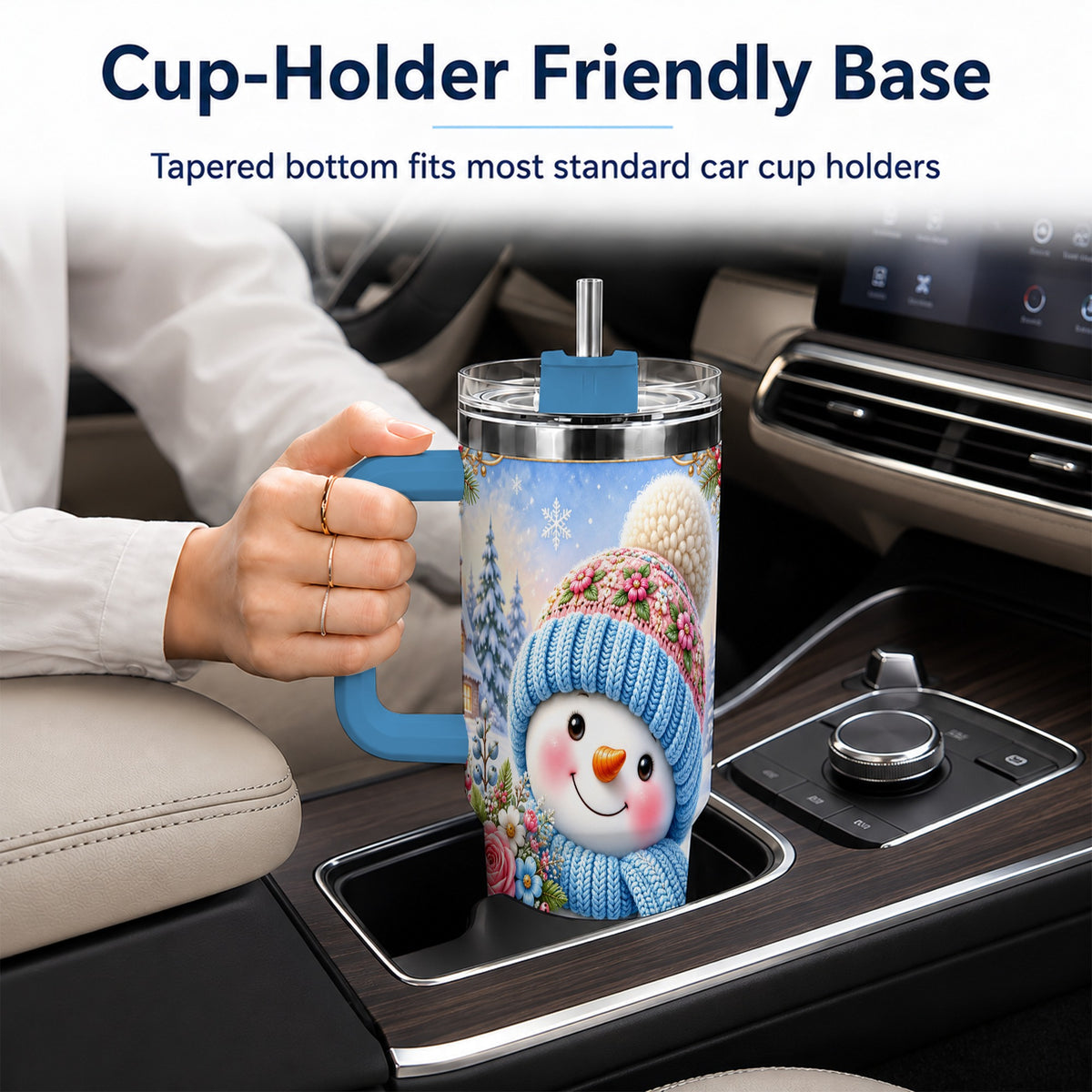 #pl[40oz|Blue] Snowman Bouquet 40oz Tumbler with Handle, Winter Floral Travel Cup