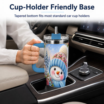 #pl[40oz|Blue] Snowman Bouquet 40oz Tumbler with Handle, Winter Floral Travel Cup