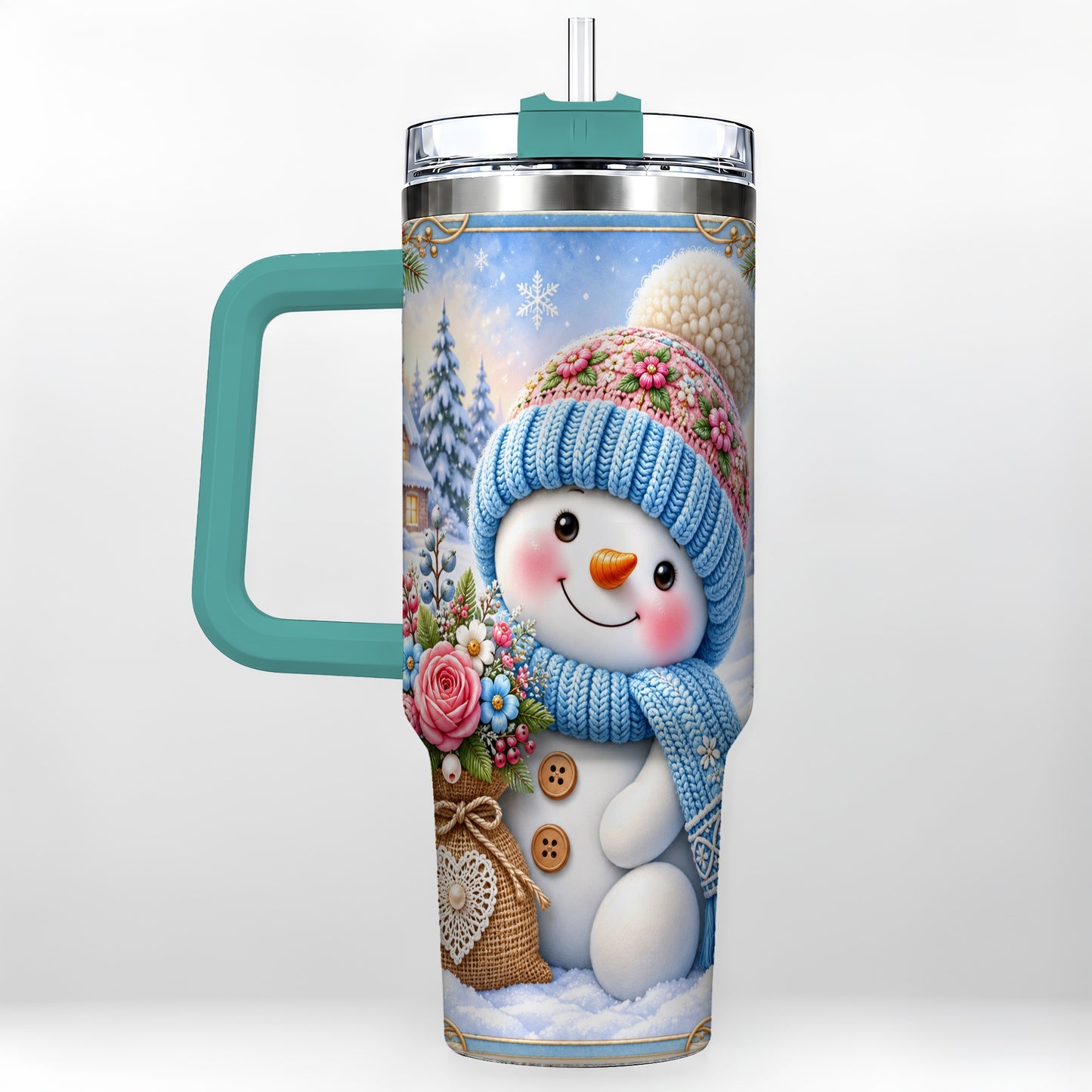 #pl[40oz|Green] Snowman Bouquet 40oz Tumbler with Handle, Winter Floral Travel Cup