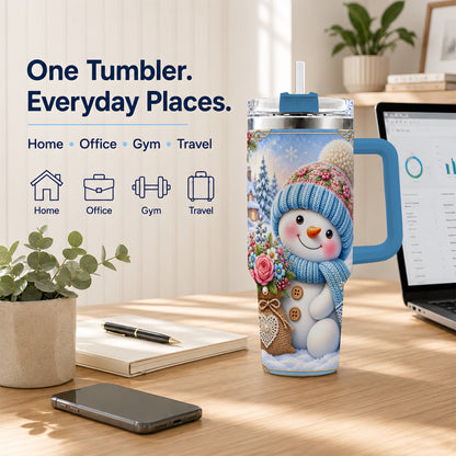 #pl[40oz|Blue] Snowman Bouquet 40oz Tumbler with Handle, Winter Floral Travel Cup
