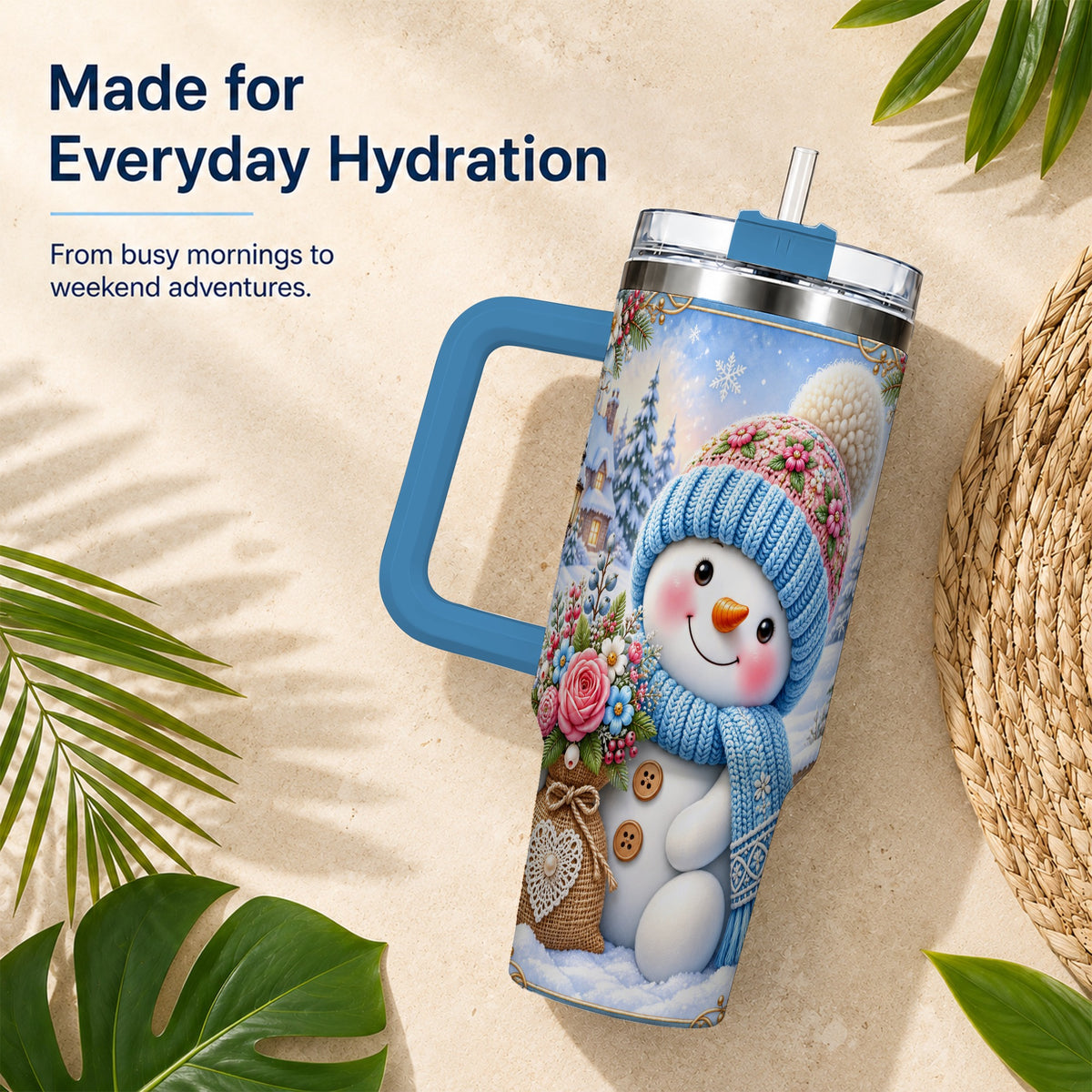 #pl[40oz|Blue] Snowman Bouquet 40oz Tumbler with Handle, Winter Floral Travel Cup