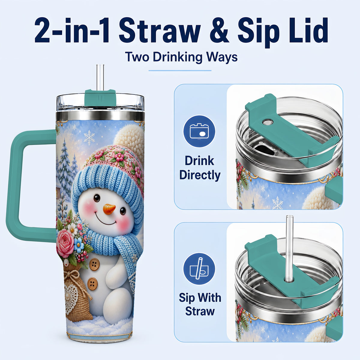 #pl[40oz|Green] Snowman Bouquet 40oz Tumbler with Handle, Winter Floral Travel Cup
