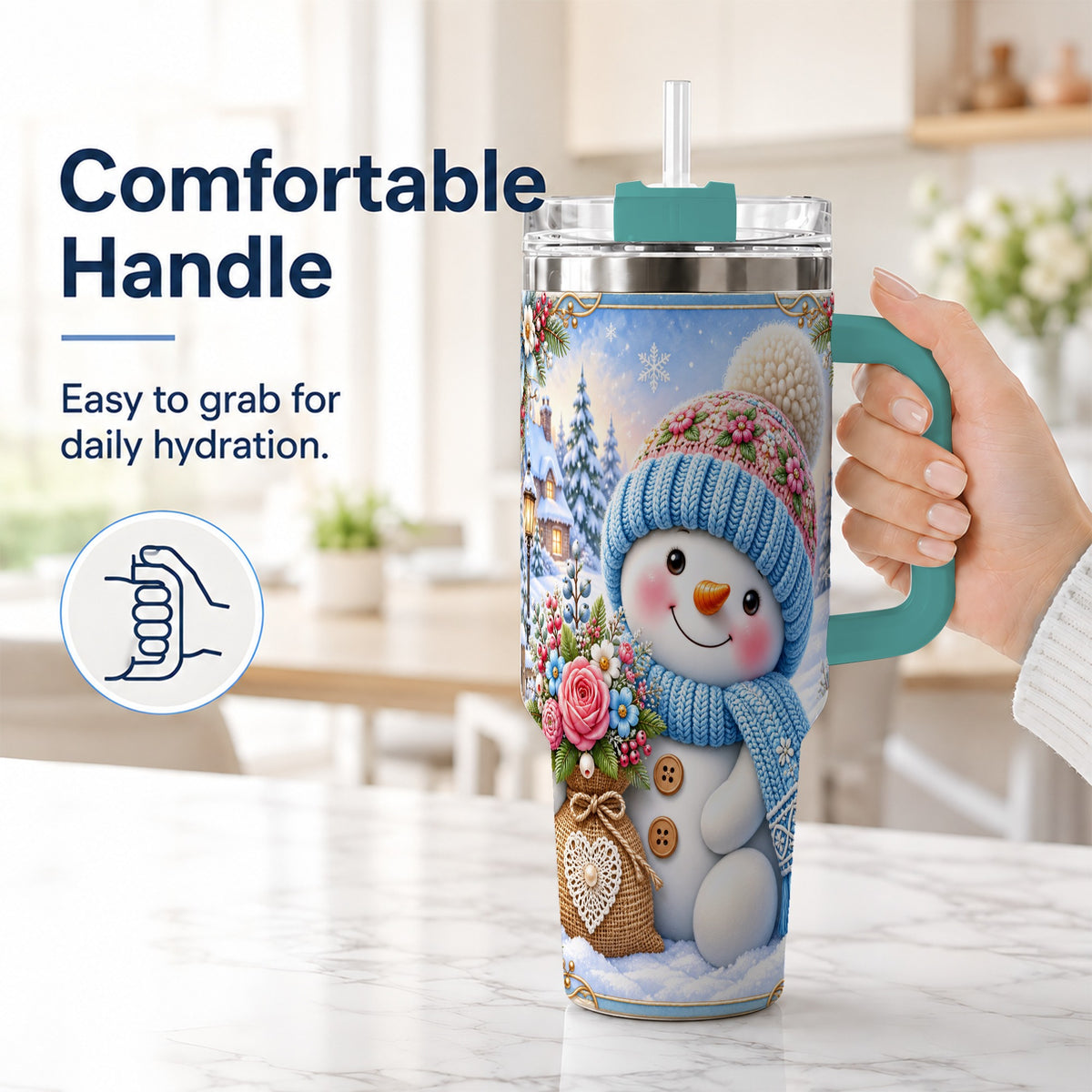 #pl[40oz|Green] Snowman Bouquet 40oz Tumbler with Handle, Winter Floral Travel Cup
