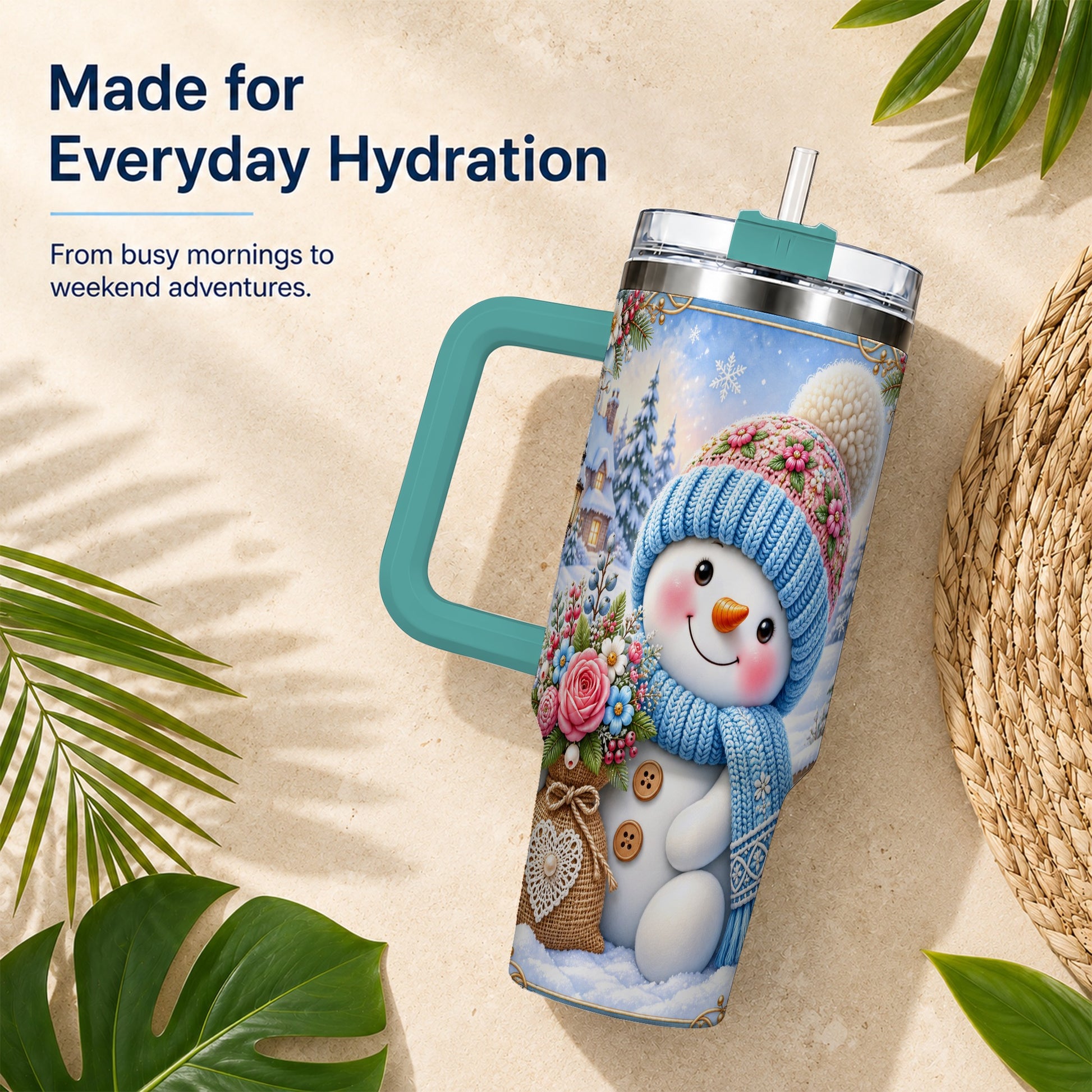 #pl[40oz|Green] Snowman Bouquet 40oz Tumbler with Handle, Winter Floral Travel Cup