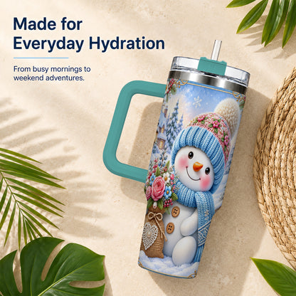 #pl[40oz|Green] Snowman Bouquet 40oz Tumbler with Handle, Winter Floral Travel Cup