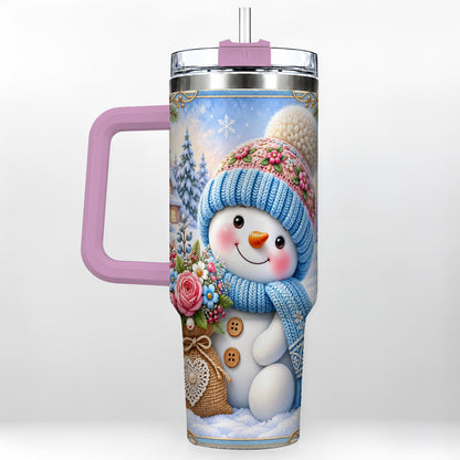 #pl[40oz|Pink] Snowman Bouquet 40oz Tumbler with Handle, Winter Floral Travel Cup