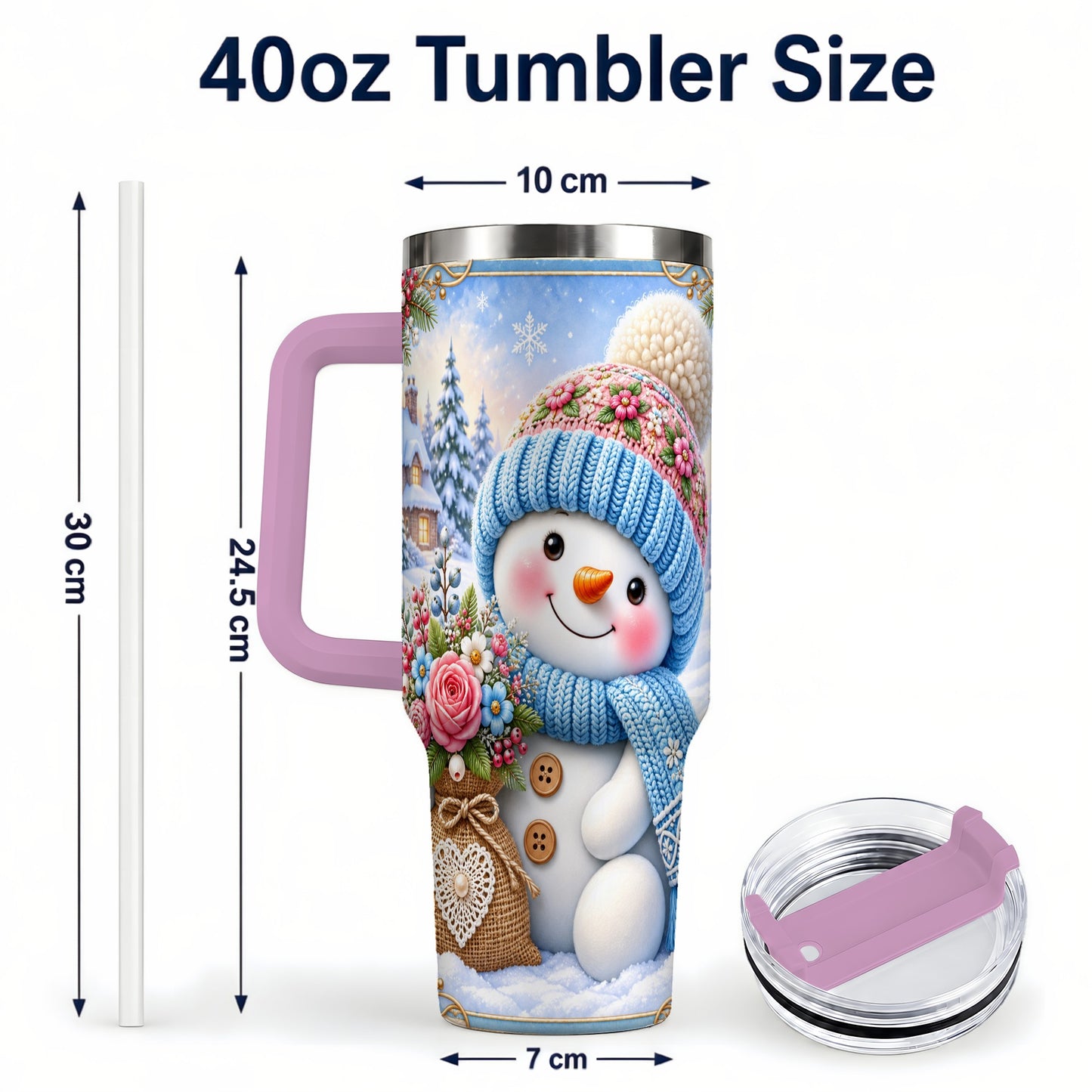 #pl[40oz|Pink] Snowman Bouquet 40oz Tumbler with Handle, Winter Floral Travel Cup