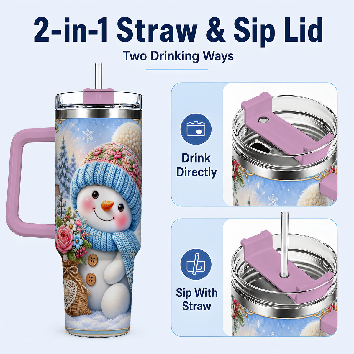 #pl[40oz|Pink] Snowman Bouquet 40oz Tumbler with Handle, Winter Floral Travel Cup