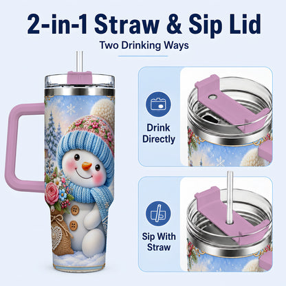 #pl[40oz|Pink] Snowman Bouquet 40oz Tumbler with Handle, Winter Floral Travel Cup