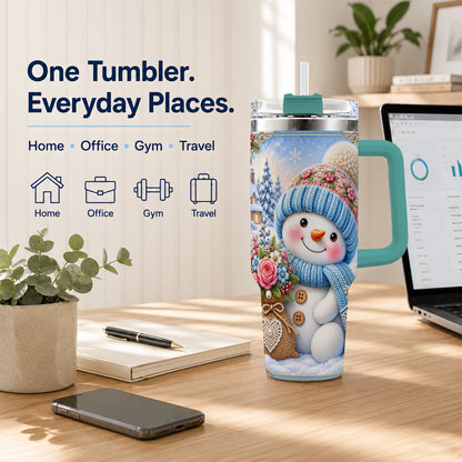 #pl[40oz|Green] Snowman Bouquet 40oz Tumbler with Handle, Winter Floral Travel Cup