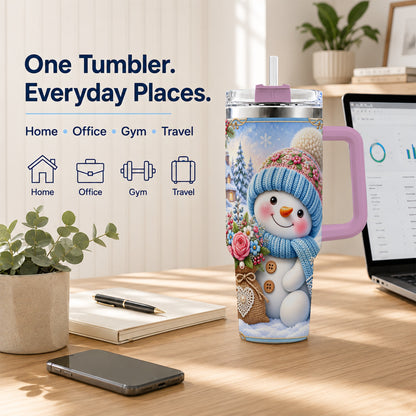 #pl[40oz|Pink] Snowman Bouquet 40oz Tumbler with Handle, Winter Floral Travel Cup