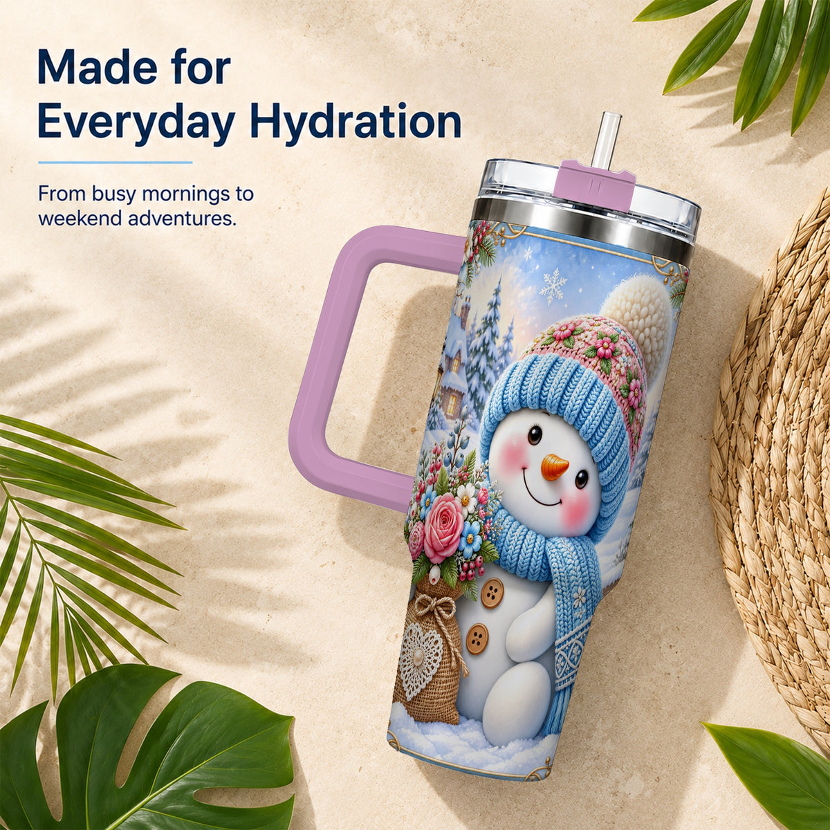 #pl[40oz|Pink] Snowman Bouquet 40oz Tumbler with Handle, Winter Floral Travel Cup