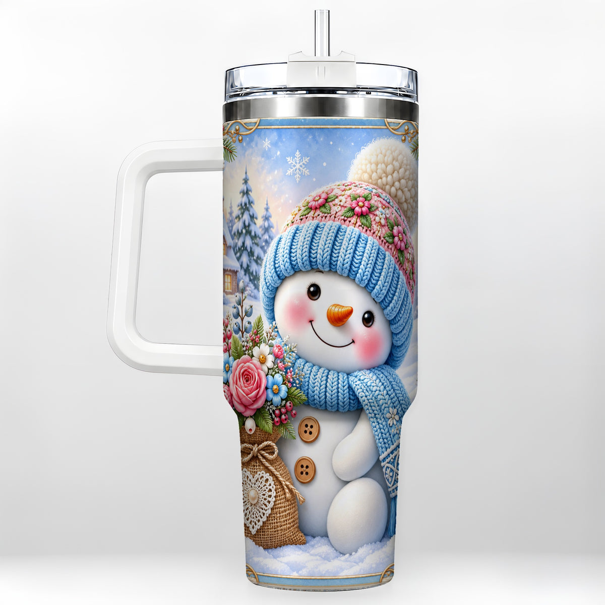 Snowman Bouquet 40oz Tumbler with Handle, Winter Floral Travel Cup