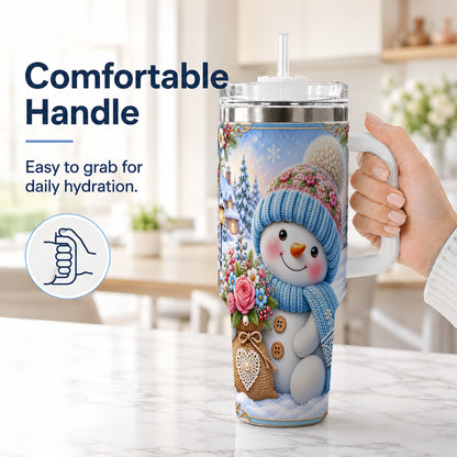 #pl[40oz|White] Snowman Bouquet 40oz Tumbler with Handle, Winter Floral Travel Cup
