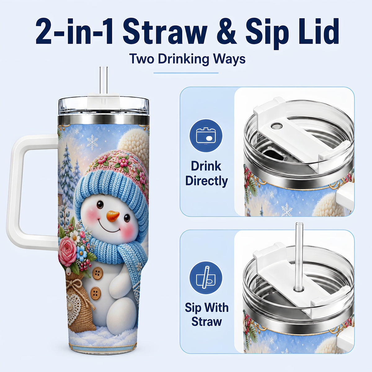 #pl[40oz|White] Snowman Bouquet 40oz Tumbler with Handle, Winter Floral Travel Cup