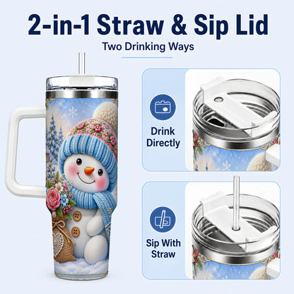 #pl[40oz|White] Snowman Bouquet 40oz Tumbler with Handle, Winter Floral Travel Cup
