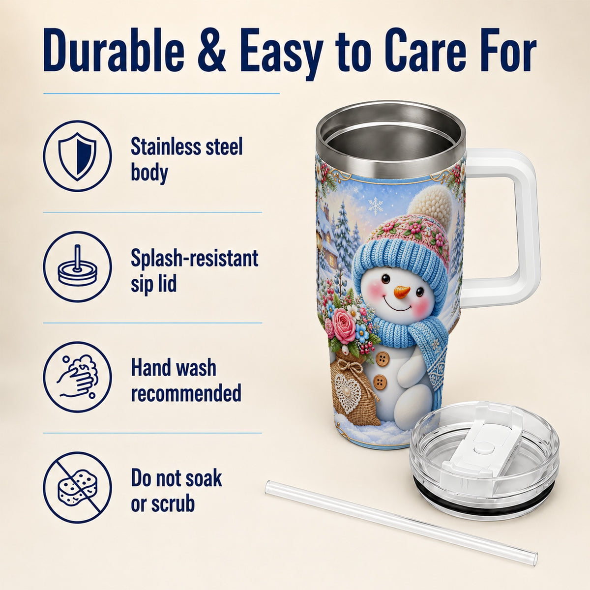 #pl[40oz|White] Snowman Bouquet 40oz Tumbler with Handle, Winter Floral Travel Cup